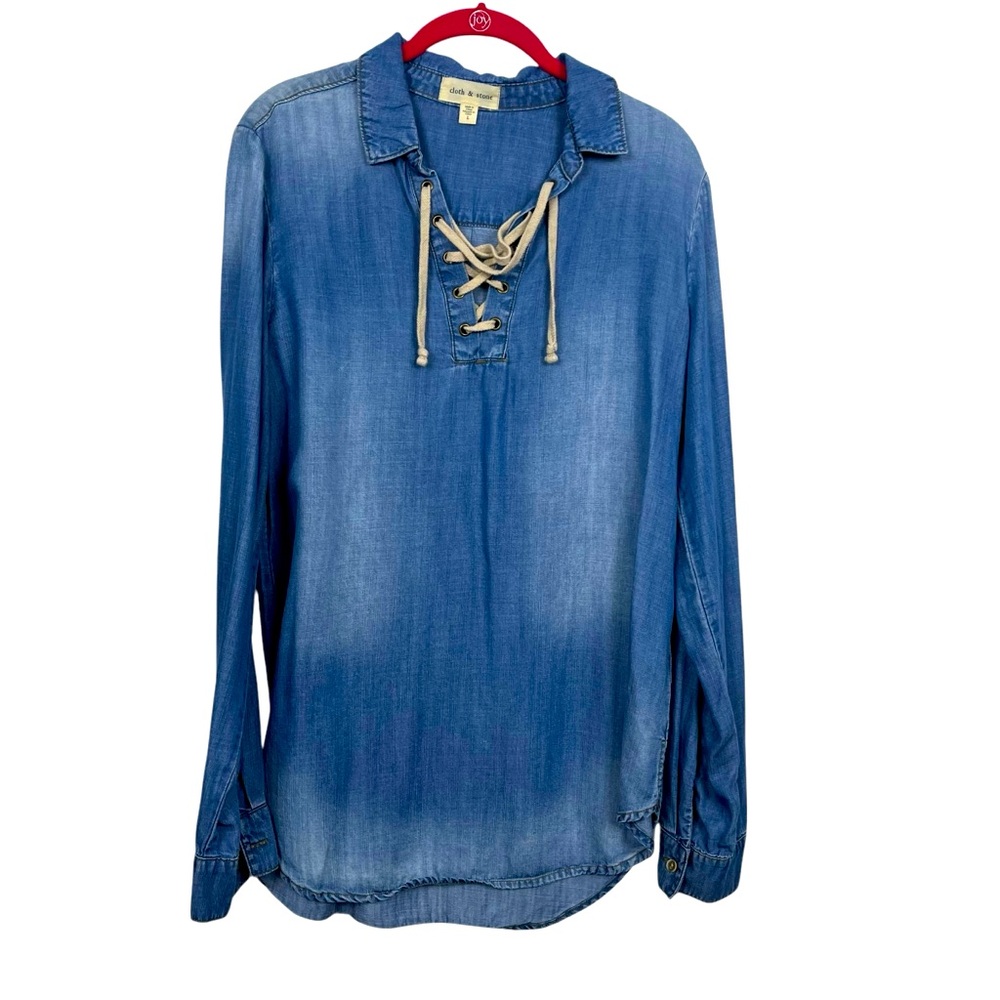 Cloth & Stone Chambray Lace Up Tunic Long Sleeve Denim Blue Large Tencel Lyocell